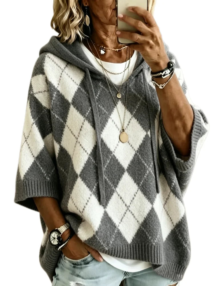 Marchesa Argyle Drawstring Hood Knit