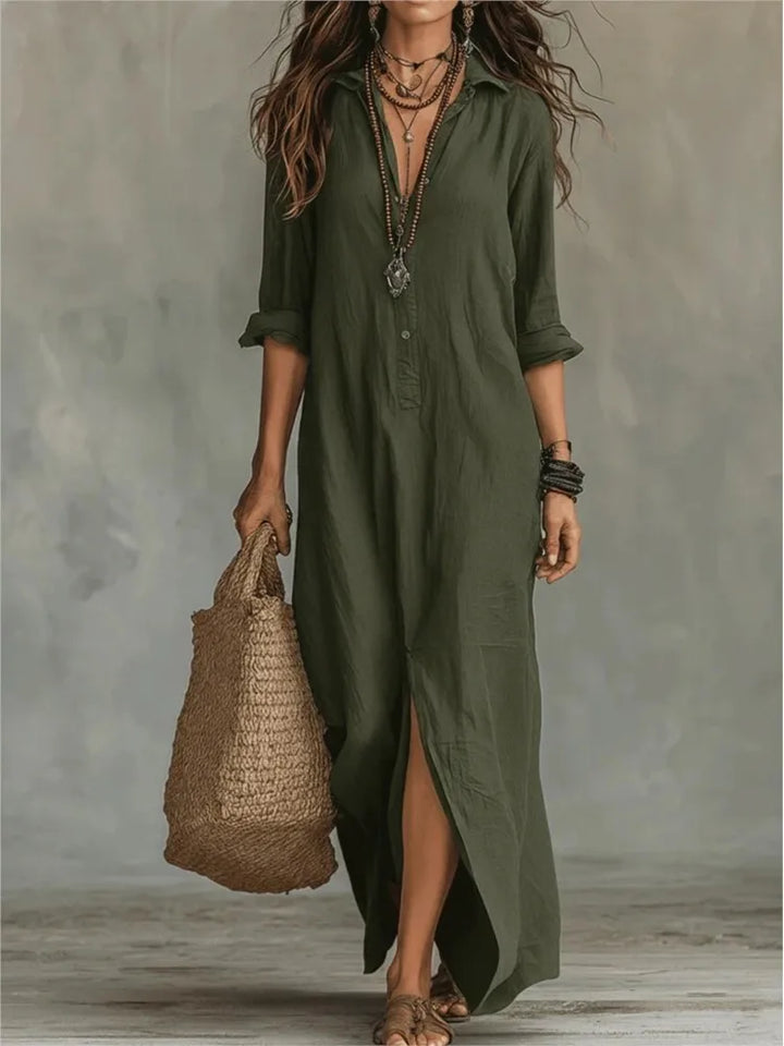 Zyla Linen Long Shirt Dress