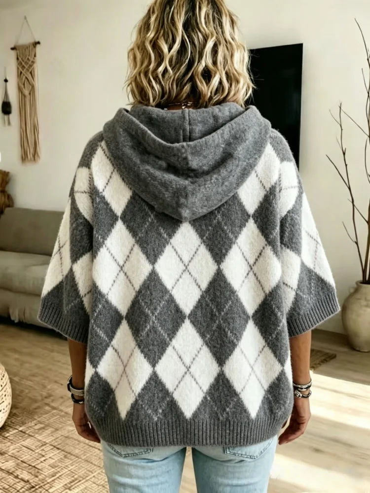 Marchesa Argyle Drawstring Hood Knit