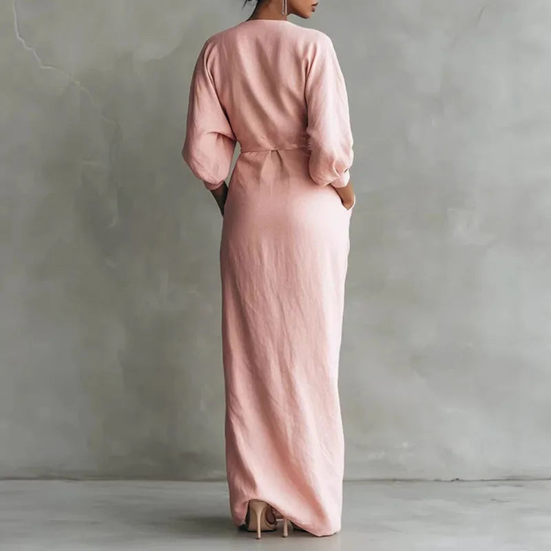 Kaylee V Neck Wrap Waist Long Dress