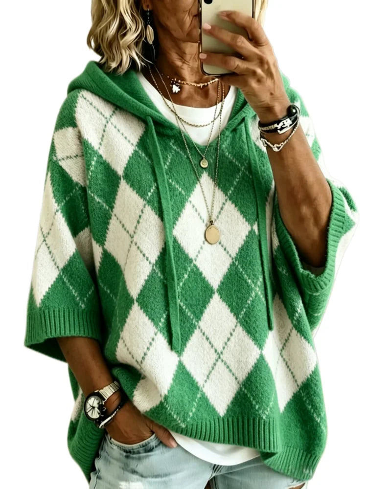 Marchesa Argyle Drawstring Hood Knit