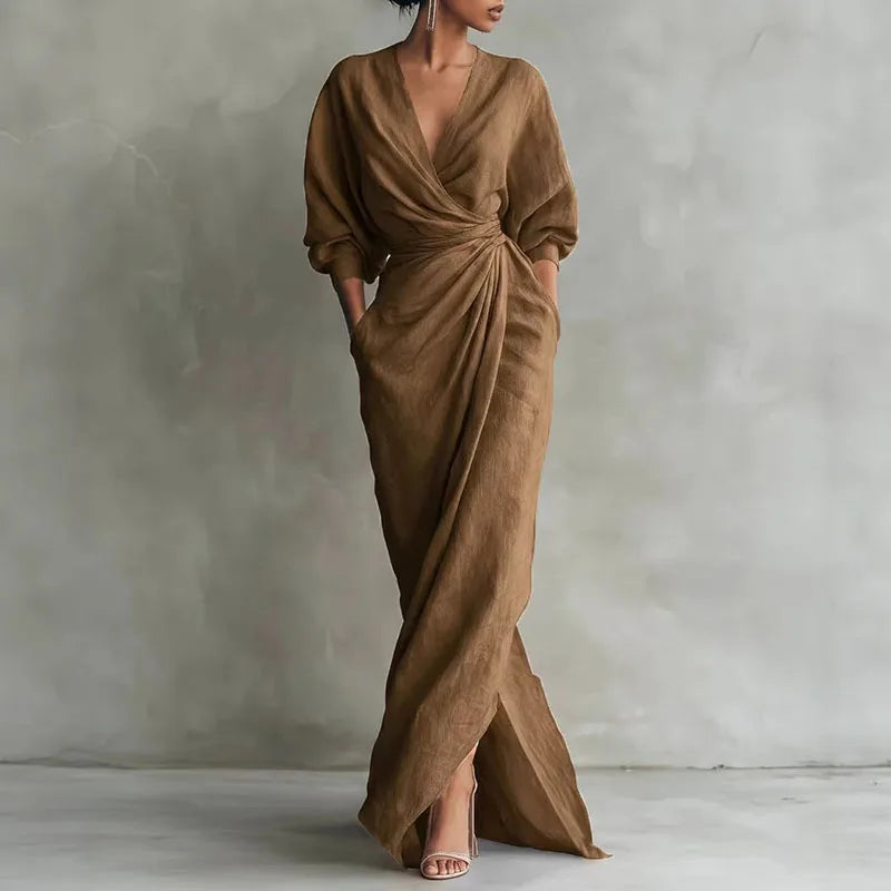 Kaylee V Neck Wrap Waist Long Dress