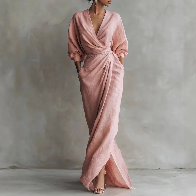 Kaylee V Neck Wrap Waist Long Dress
