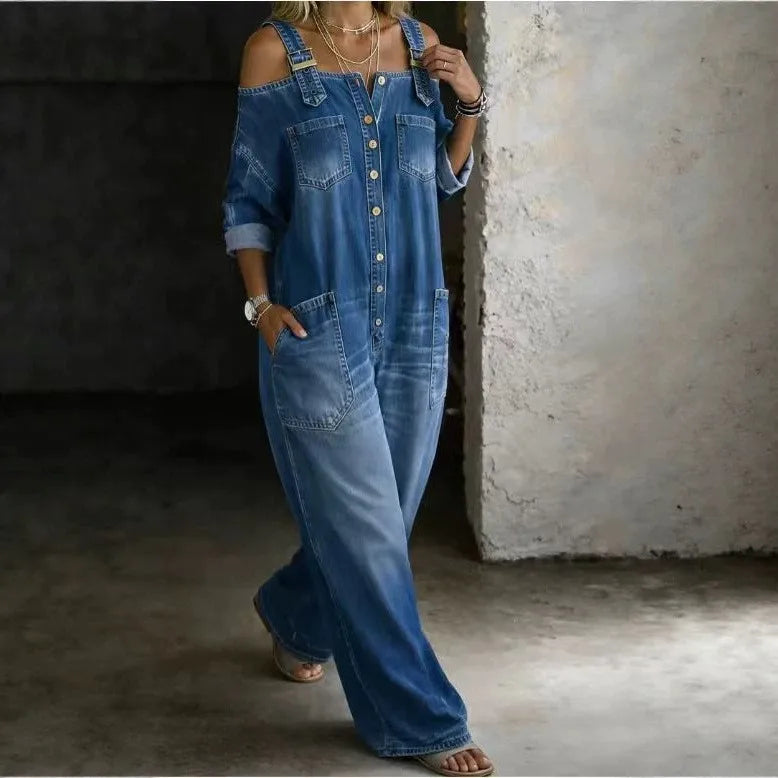 Tallis Cold Shoulder Denim Jumpsuit